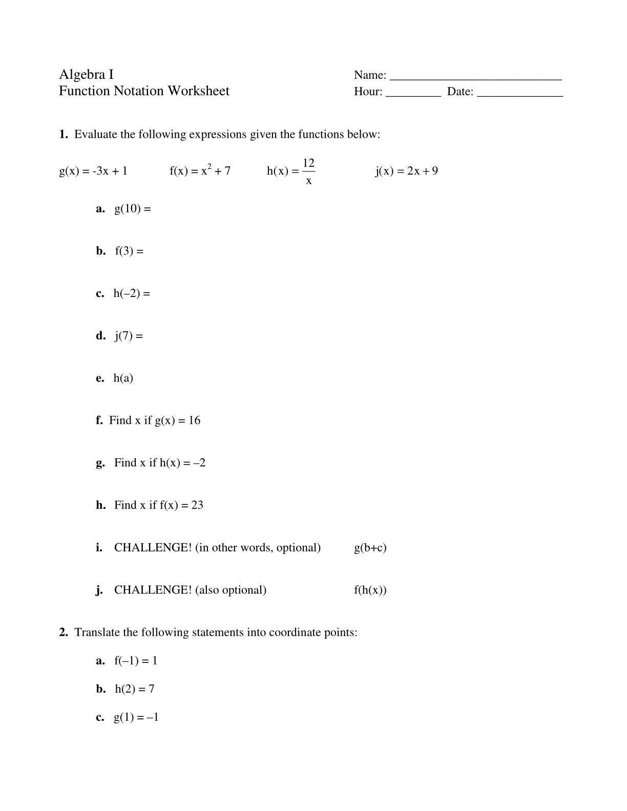 functions Within Algebra 1 Function Notation Worksheet